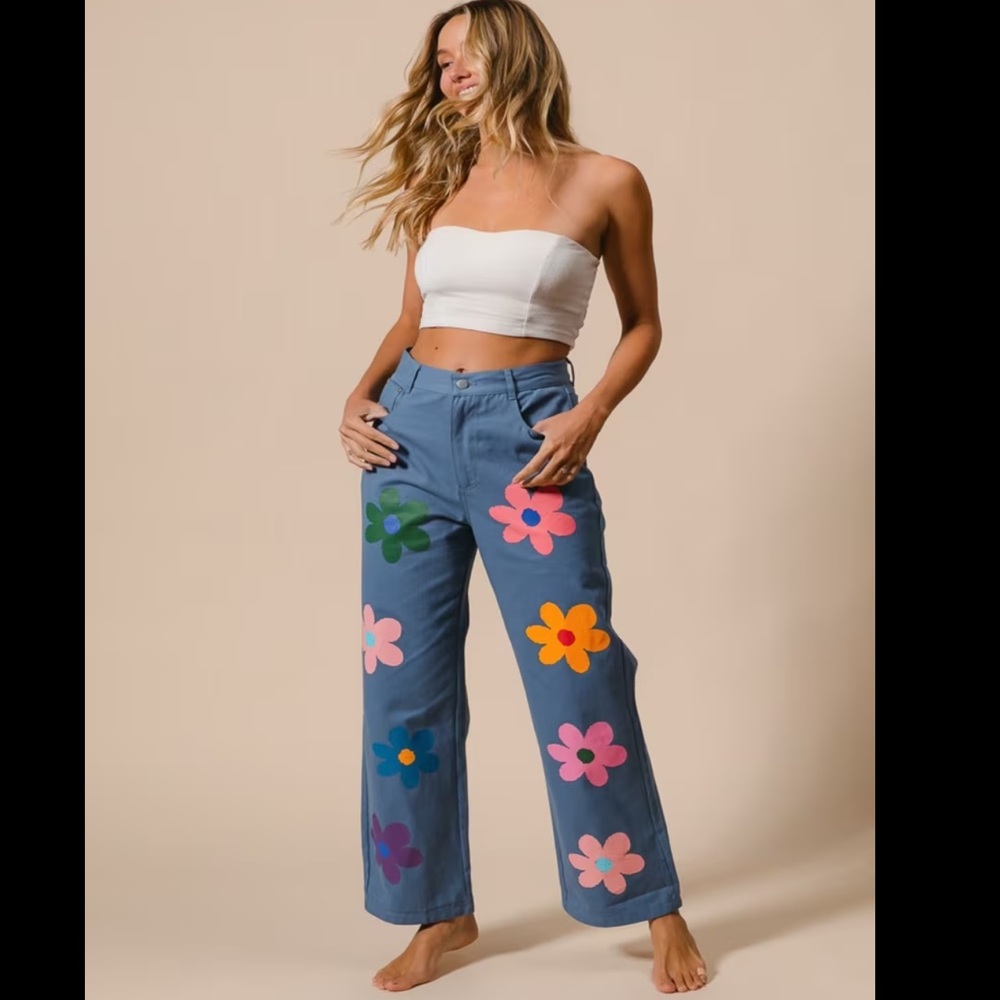 BiBi Blue Wide Leg Pants with Multicolor Flower Appliqués